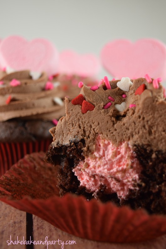 Devil's Food Cupcakes filled with creamy Strawberry Fluff filling!  Perfect for Valentine's Day!